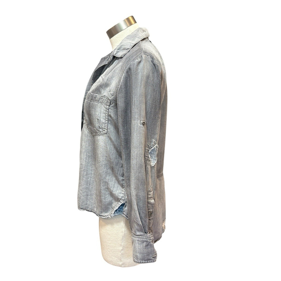 Cloth & Stone Anthropologie Shirt Distressed Chambray Gray Patches Sz. XS - Picture 8 of 12